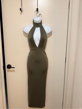 Abyss By Abby Olive One-Shoulder Halter Plunge Midi Dress